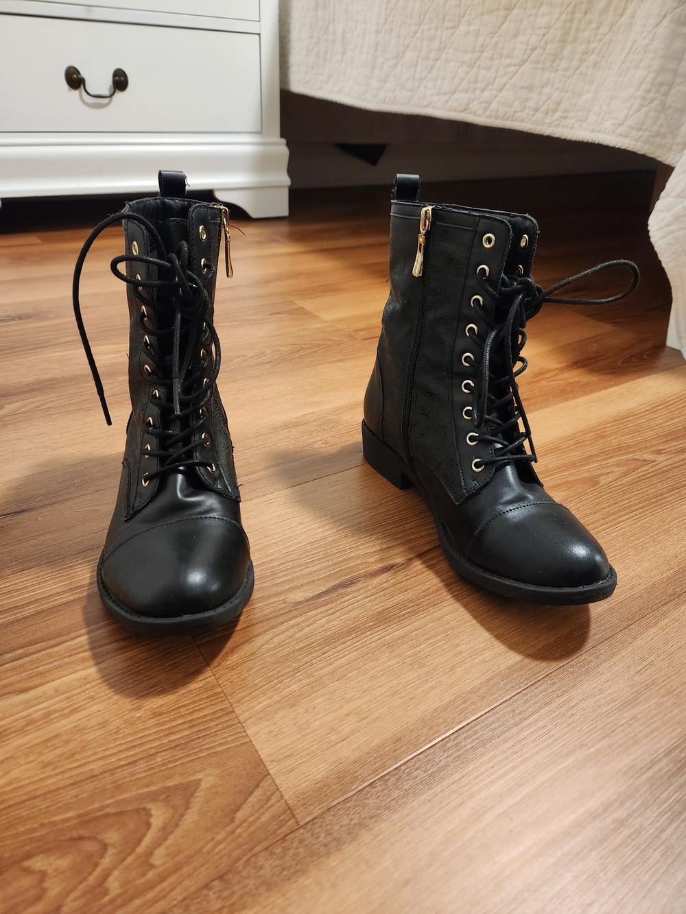 Bebe Women's Black Lace-Up Combat Boots with Gold Accents